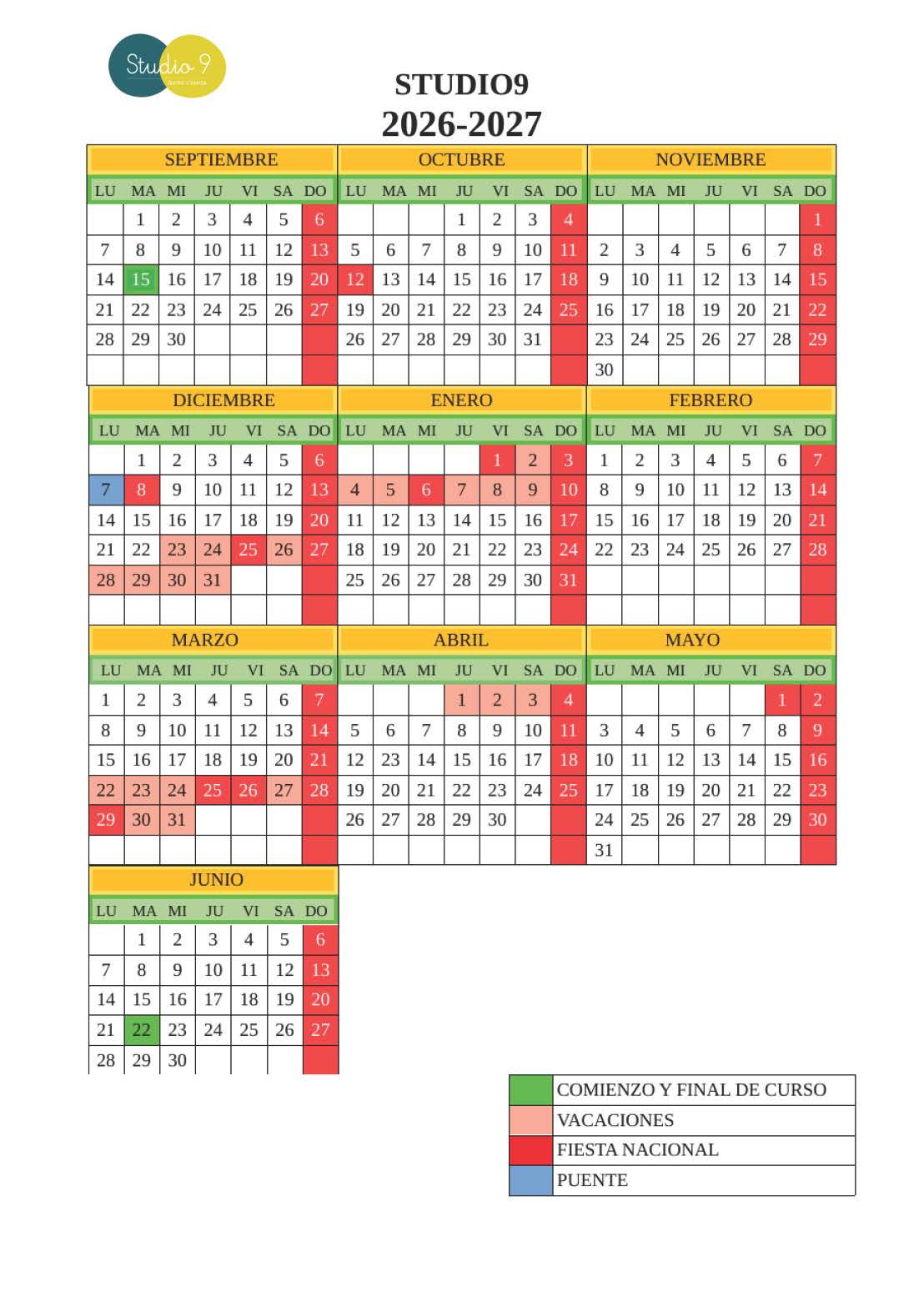 Calendario curso 2025/2026